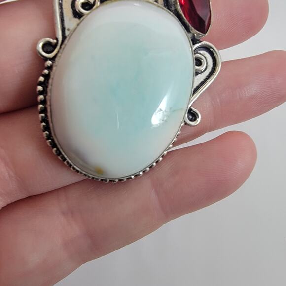 Larimar Pendant Necklace – With Garnet Accents + 20" Silver Snake Chain - Picture 5 of 10